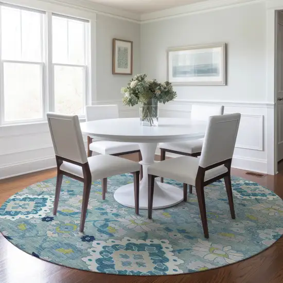 8' Teal Blue Green And Ivory Round Oriental Washable Indoor Outdoor Area Rug Photo 8