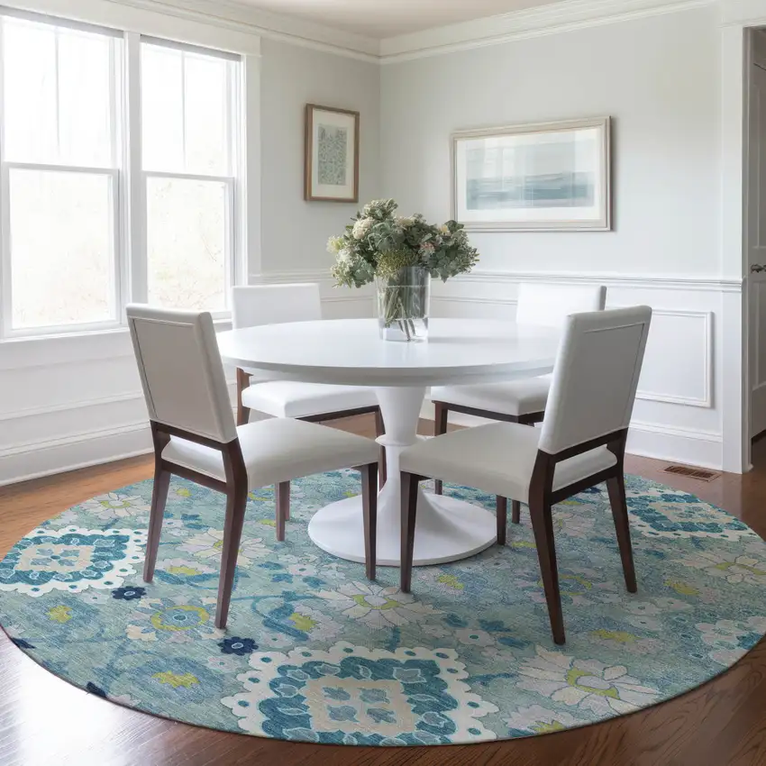 8' Teal Blue Green And Ivory Round Oriental Washable Indoor Outdoor Area Rug Photo 8