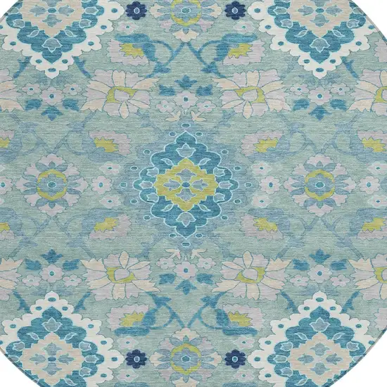 8' Teal Blue Green And Ivory Round Oriental Washable Indoor Outdoor Area Rug Photo 5