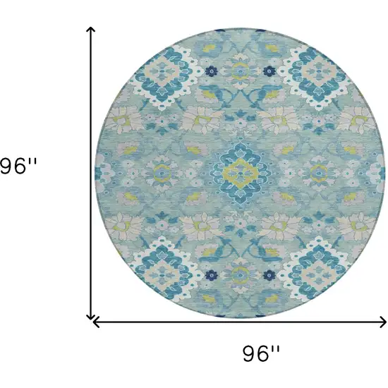 8' Teal Blue Green And Ivory Round Oriental Washable Indoor Outdoor Area Rug Photo 3