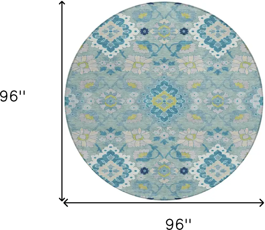 8' Teal Blue Green And Ivory Round Oriental Washable Indoor Outdoor Area Rug Photo 3