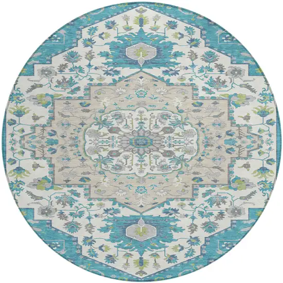8' Teal Blue Green And Ivory Round Oriental Washable Indoor Outdoor Area Rug Photo 2