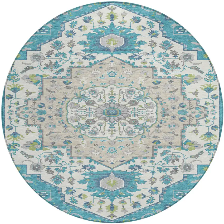 8' Teal Blue Green And Ivory Round Oriental Washable Indoor Outdoor Area Rug Photo 2