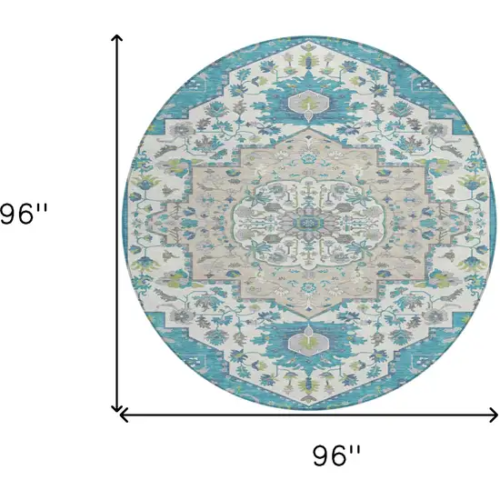 8' Teal Blue Green And Ivory Round Oriental Washable Indoor Outdoor Area Rug Photo 3