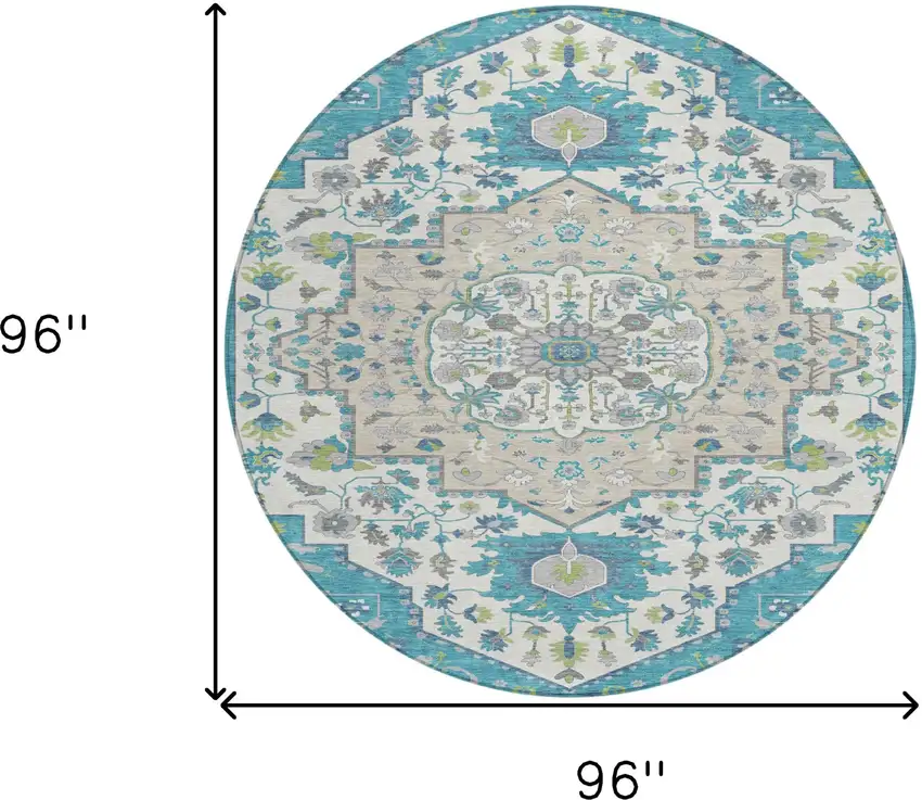 8' Teal Blue Green And Ivory Round Oriental Washable Indoor Outdoor Area Rug Photo 3