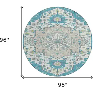 Photo of 8' Teal Blue Green And Ivory Round Oriental Washable Indoor Outdoor Area Rug