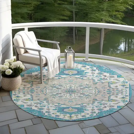 8' Teal Blue Green And Ivory Round Oriental Washable Indoor Outdoor Area Rug Photo 7