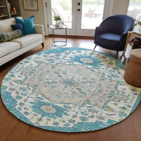 8' Teal Blue Green And Ivory Round Oriental Washable Indoor Outdoor Area Rug Photo 8