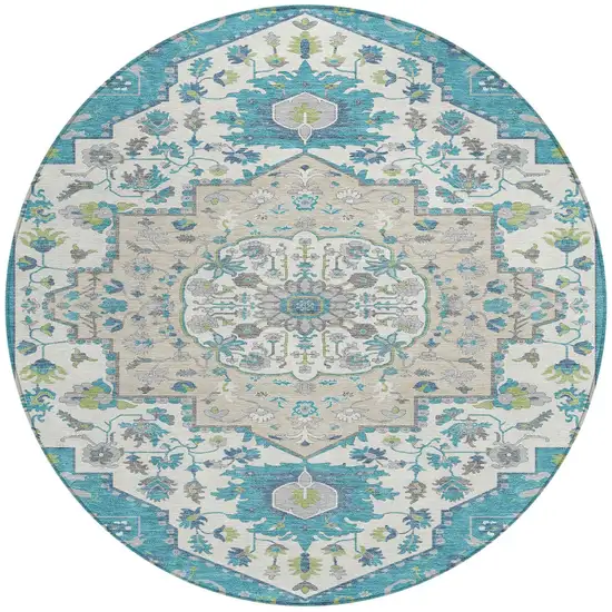 8' Teal Blue Green And Ivory Round Oriental Washable Indoor Outdoor Area Rug Photo 6