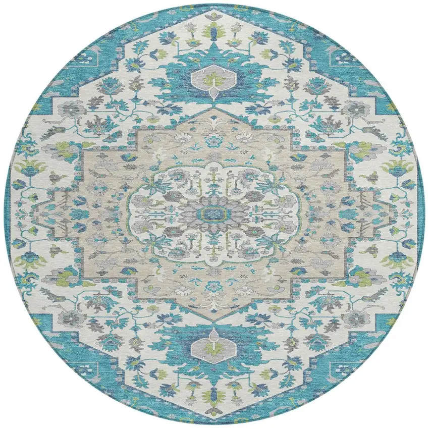8' Teal Blue Green And Ivory Round Oriental Washable Indoor Outdoor Area Rug Photo 6