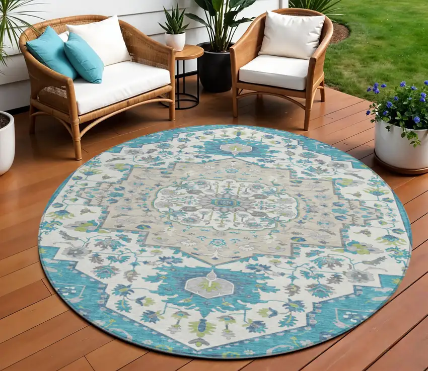 8' Teal Blue Green And Ivory Round Oriental Washable Indoor Outdoor Area Rug Photo 1