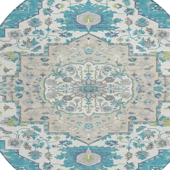 8' Teal Blue Green And Ivory Round Oriental Washable Indoor Outdoor Area Rug Photo 5