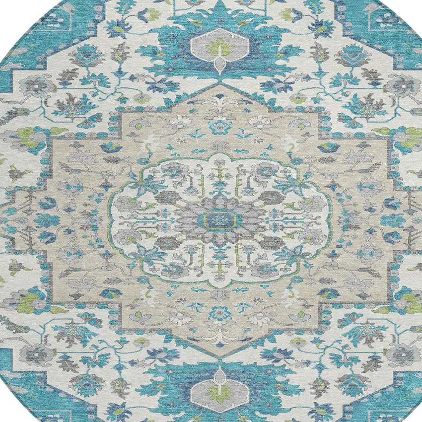 8' Teal Blue Green And Ivory Round Oriental Washable Indoor Outdoor Area Rug Photo 5