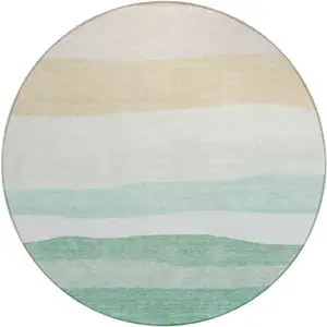 Photo of 8' Teal Blue Green And Ivory Round Striped Washable Indoor Outdoor Area Rug