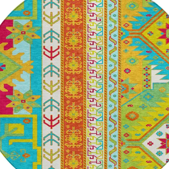 8' Teal Blue Green And Pink Round Aztec Washable Indoor Outdoor Area Rug Photo 4
