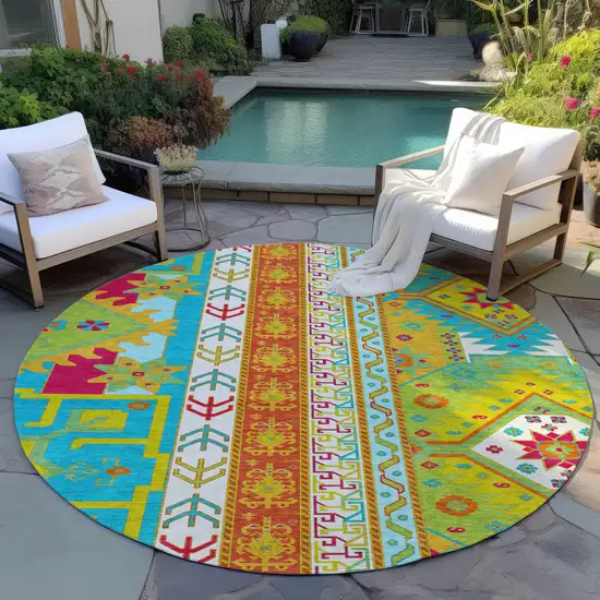 8' Teal Blue Green And Pink Round Aztec Washable Indoor Outdoor Area Rug Photo 7