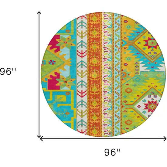 8' Teal Blue Green And Pink Round Aztec Washable Indoor Outdoor Area Rug Photo 3