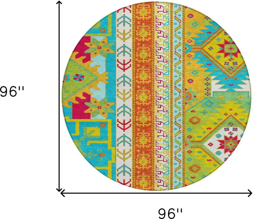 8' Teal Blue Green And Pink Round Aztec Washable Indoor Outdoor Area Rug Photo 3
