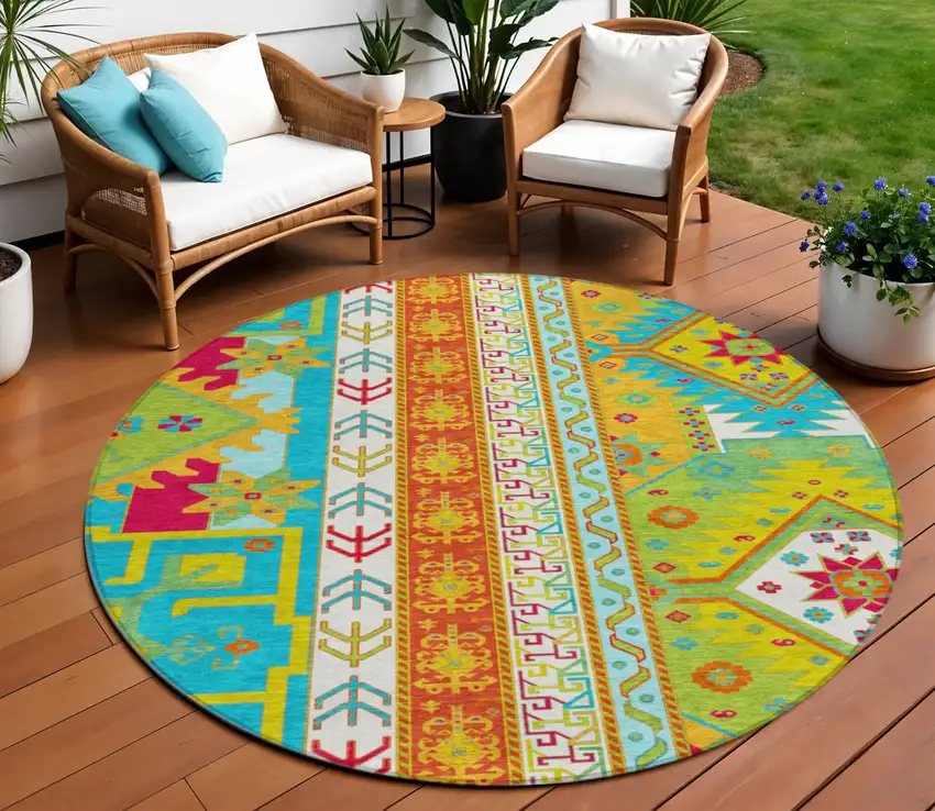 8' Teal Blue Green And Pink Round Aztec Washable Indoor Outdoor Area Rug Photo 1