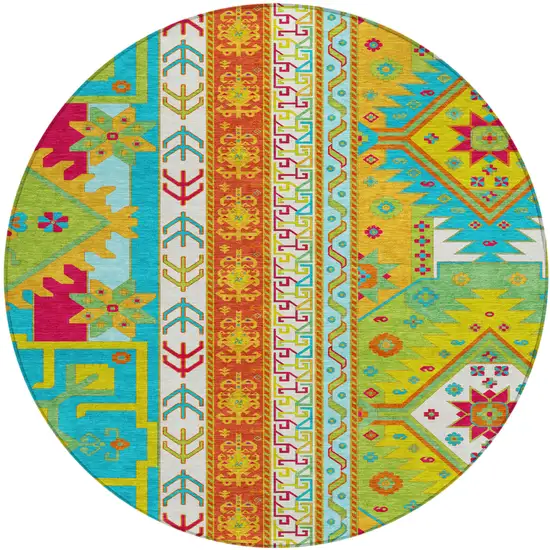 8' Teal Blue Green And Pink Round Aztec Washable Indoor Outdoor Area Rug Photo 2