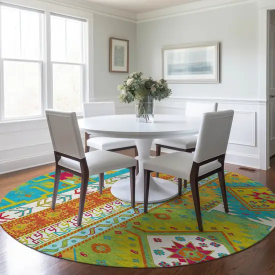 8' Teal Blue Green And Pink Round Aztec Washable Indoor Outdoor Area Rug Photo 8