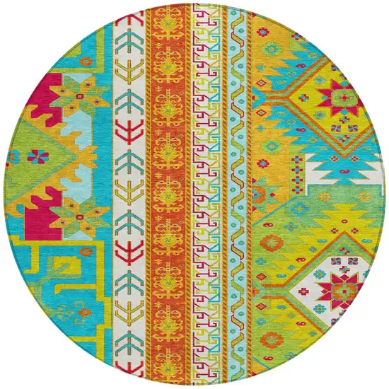 8' Teal Blue Green And Pink Round Aztec Washable Indoor Outdoor Area Rug Photo 6