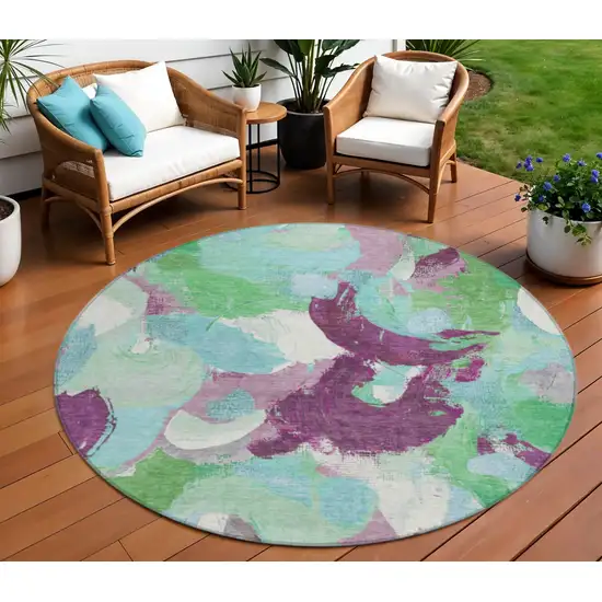 8' Teal Blue Green And Purple Round Abstract Washable Indoor Outdoor Area Rug Photo 2