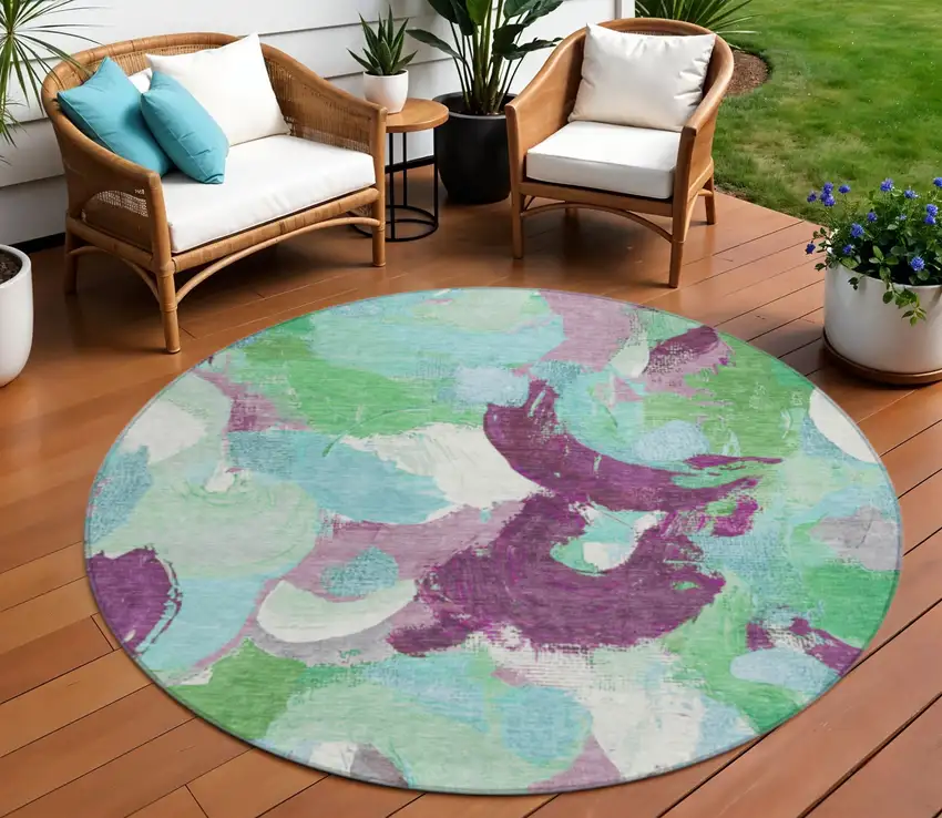 8' Teal Blue Green And Purple Round Abstract Washable Indoor Outdoor Area Rug Photo 2