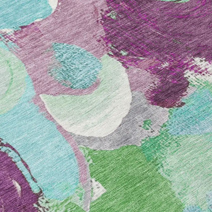 8' Teal Blue Green And Purple Round Abstract Washable Indoor Outdoor Area Rug Photo 9