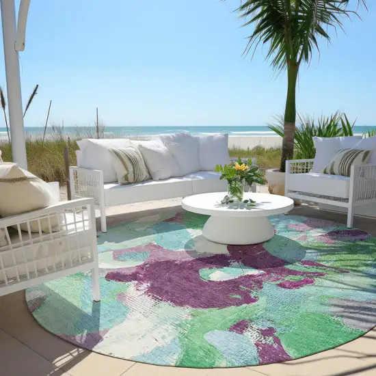 8' Teal Blue Green And Purple Round Abstract Washable Indoor Outdoor Area Rug Photo 5