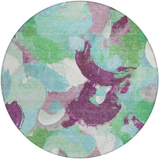 8' Teal Blue Green And Purple Round Abstract Washable Indoor Outdoor Area Rug Photo 1