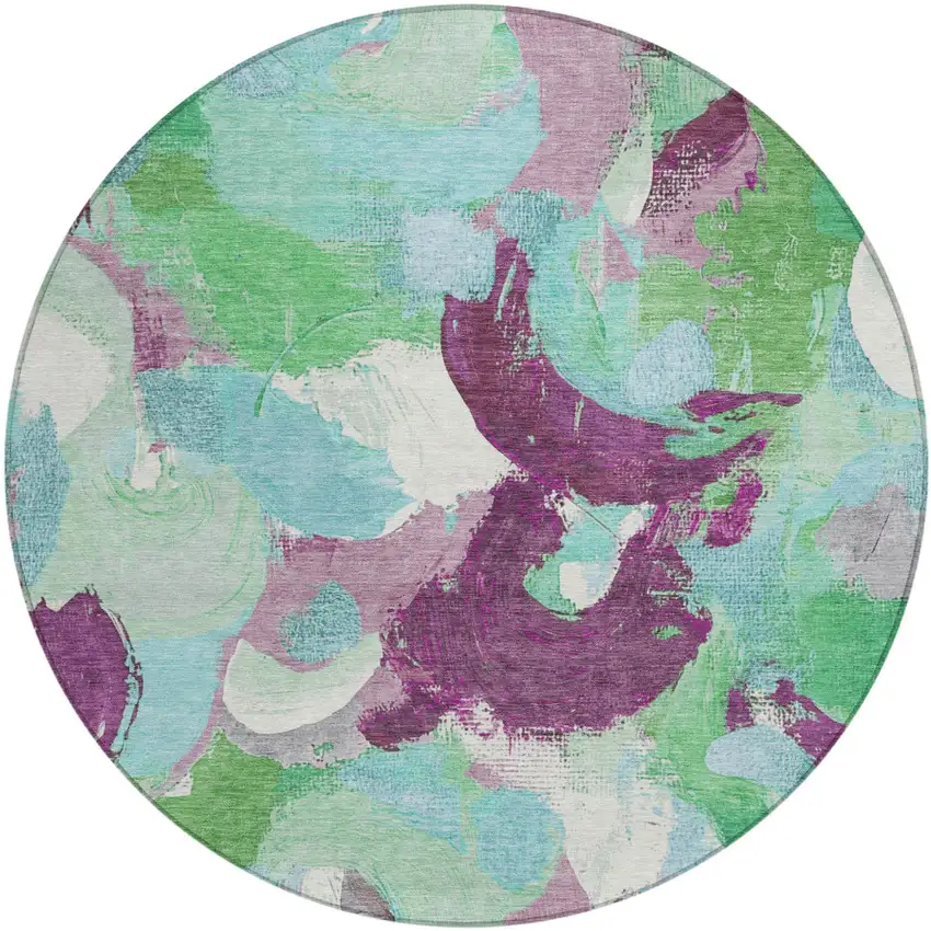 8' Teal Blue Green And Purple Round Abstract Washable Indoor Outdoor Area Rug Photo 1
