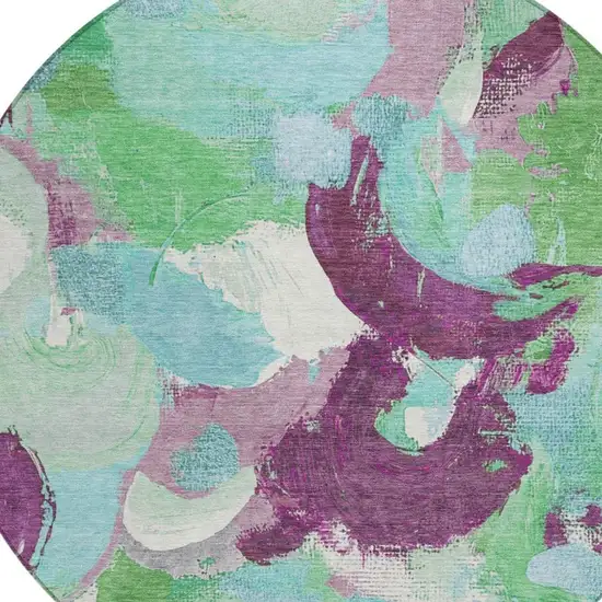 8' Teal Blue Green And Purple Round Abstract Washable Indoor Outdoor Area Rug Photo 8