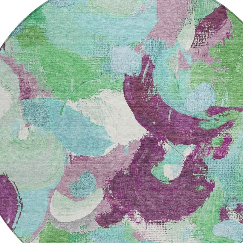8' Teal Blue Green And Purple Round Abstract Washable Indoor Outdoor Area Rug Photo 8