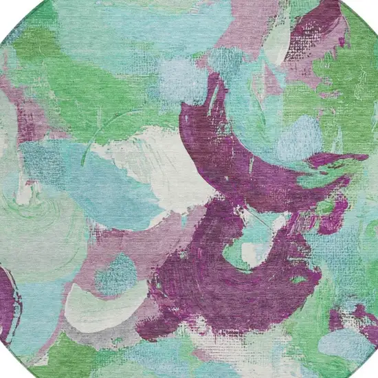 8' Teal Blue Green And Purple Round Abstract Washable Indoor Outdoor Area Rug Photo 4