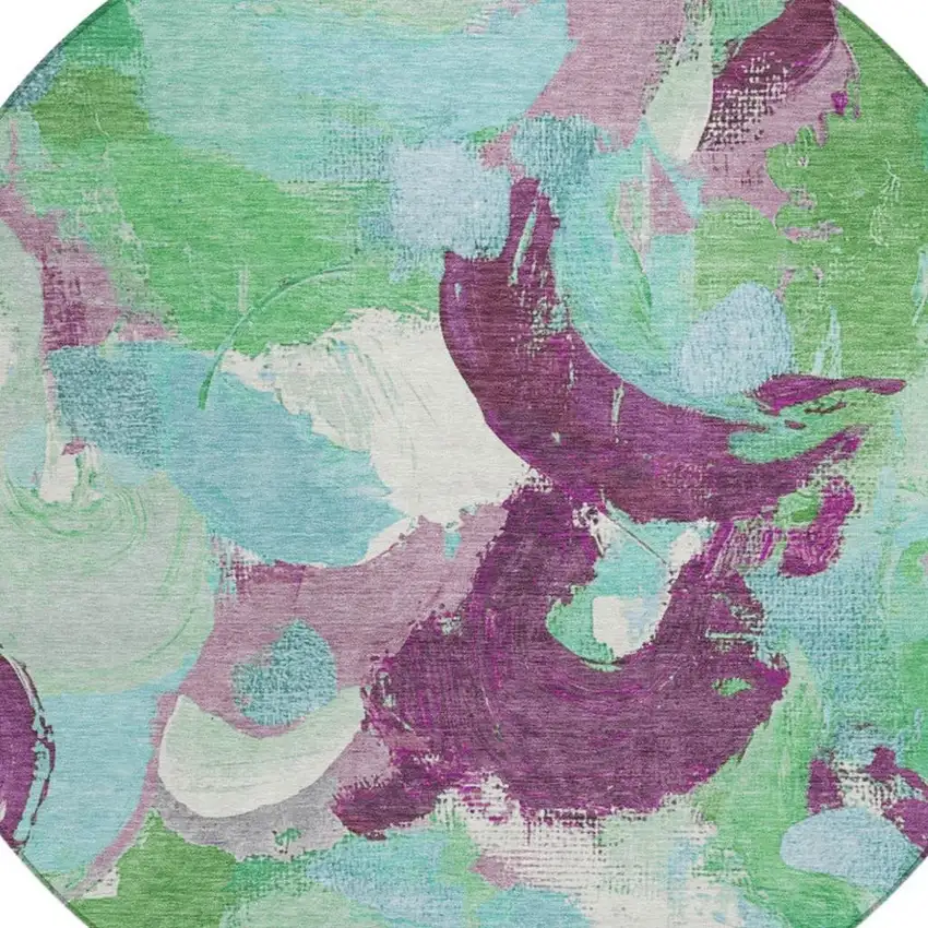 8' Teal Blue Green And Purple Round Abstract Washable Indoor Outdoor Area Rug Photo 4
