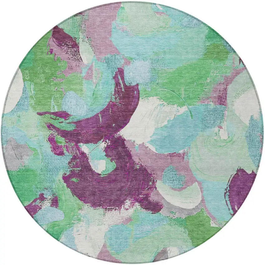 8' Teal Blue Green And Purple Round Abstract Washable Indoor Outdoor Area Rug Photo 3