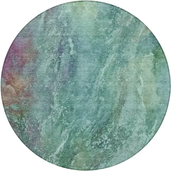 8' Teal Blue Green And Purple Round Abstract Washable Indoor Outdoor Area Rug Photo 2