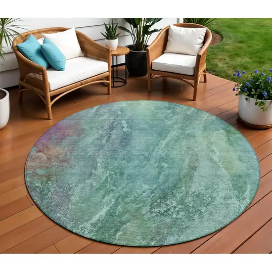 8' Teal Blue Green And Purple Round Abstract Washable Indoor Outdoor Area Rug Photo 1