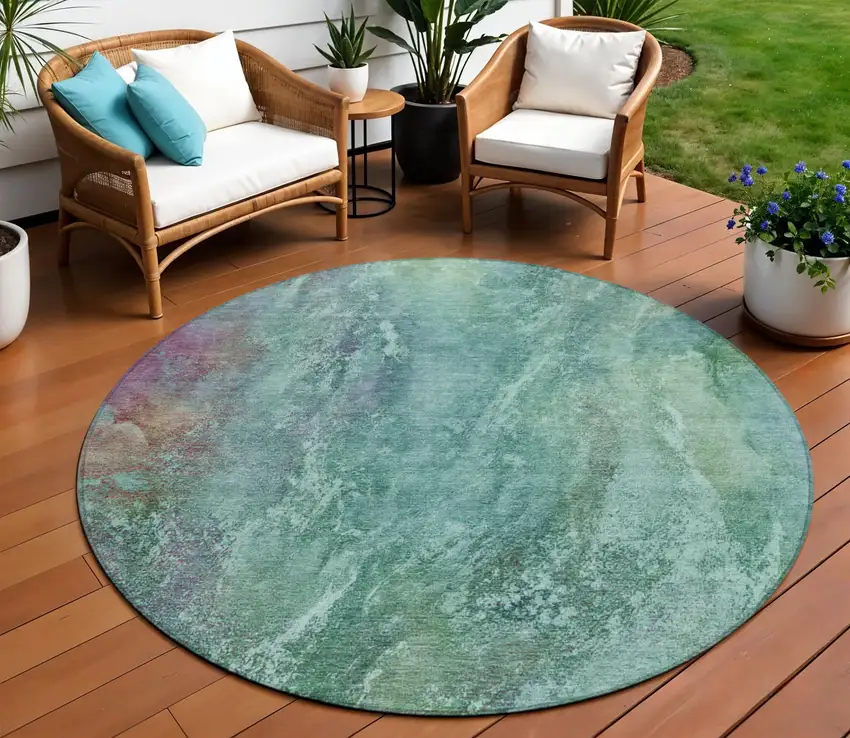 8' Teal Blue Green And Purple Round Abstract Washable Indoor Outdoor Area Rug Photo 1