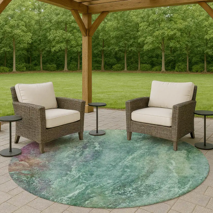 8' Teal Blue Green And Purple Round Abstract Washable Indoor Outdoor Area Rug Photo 8