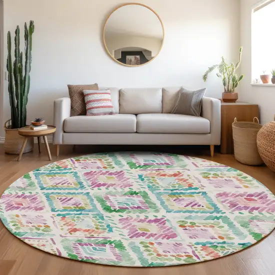 8' Teal Blue Green And Purple Round Geometric Washable Indoor Outdoor Area Rug Photo 9
