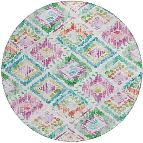 8' Teal Blue Green And Purple Round Geometric Washable Indoor Outdoor Area Rug Photo 6