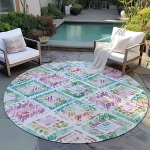 Photo of 8' Teal Blue Green And Purple Round Geometric Washable Indoor Outdoor Area Rug