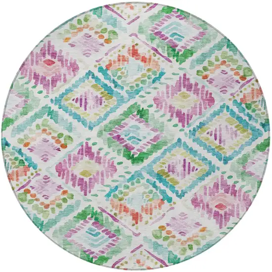 8' Teal Blue Green And Purple Round Geometric Washable Indoor Outdoor Area Rug Photo 7