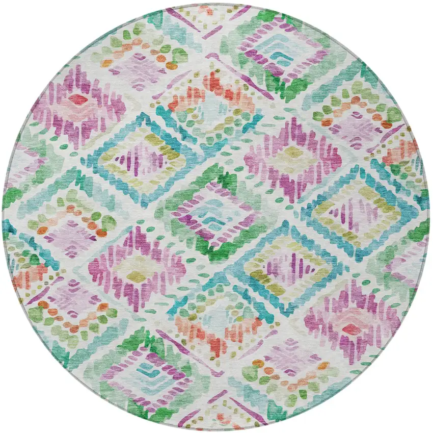8' Teal Blue Green And Purple Round Geometric Washable Indoor Outdoor Area Rug Photo 7