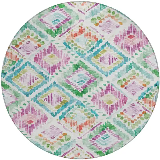 8' Teal Blue Green And Purple Round Geometric Washable Indoor Outdoor Area Rug Photo 2