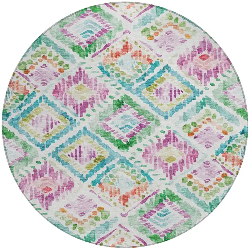 8' Teal Blue Green And Purple Round Geometric Washable Indoor Outdoor Area Rug Photo 2