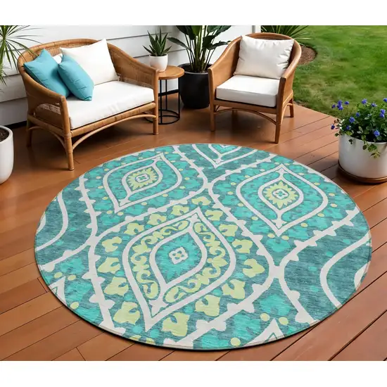 8' Teal Blue Ivory And Artichoke Green Round Floral Washable Indoor Outdoor Area Rug Photo 1