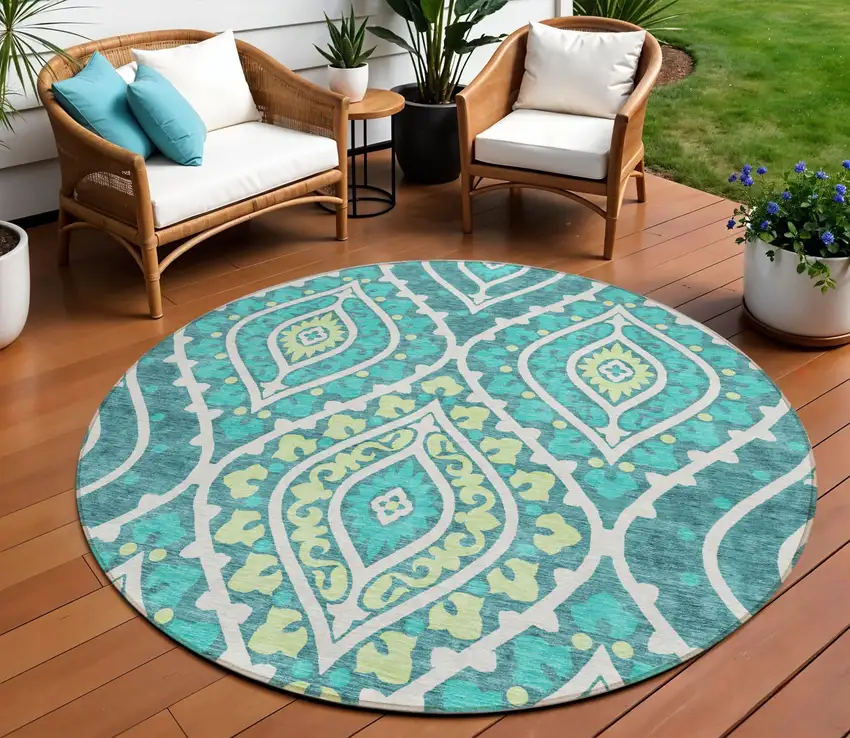 8' Teal Blue Ivory And Artichoke Green Round Floral Washable Indoor Outdoor Area Rug Photo 1